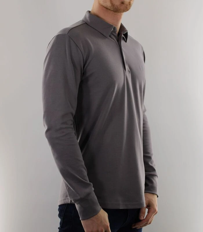 Heren Polo Lange Mouw - Strijkvrij Poloshirt - Grijs - Slim Fit - Premium Katoen - Afbeelding 2