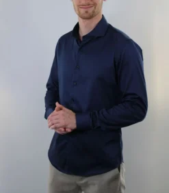 Strijkvrij Overhemd - Navy - Slim Fit - Katoen Satijn - Heren